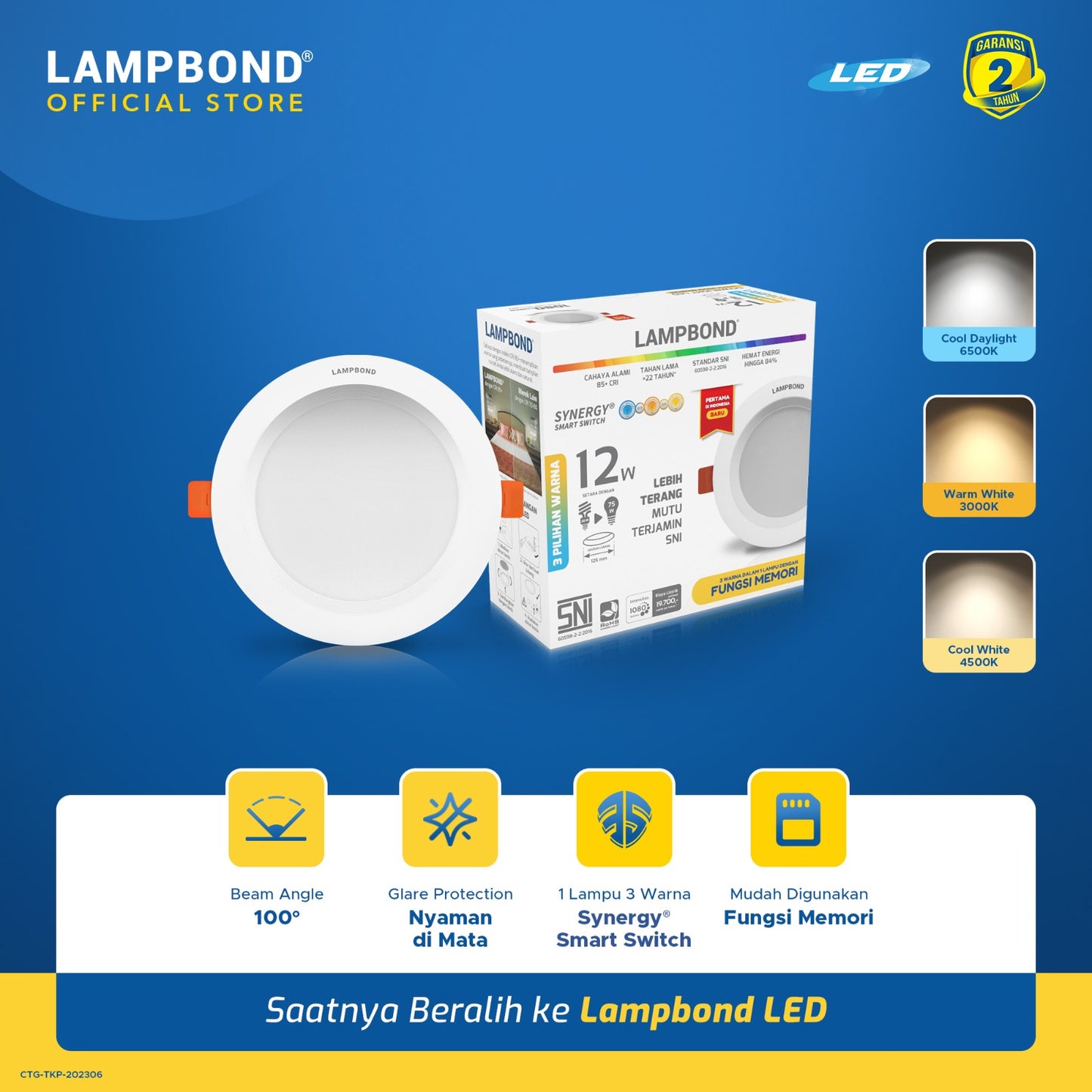 Lampbond® - Downlight LED Synergy Smart Switch 12 Watt - 3 Pilihan Warna FM