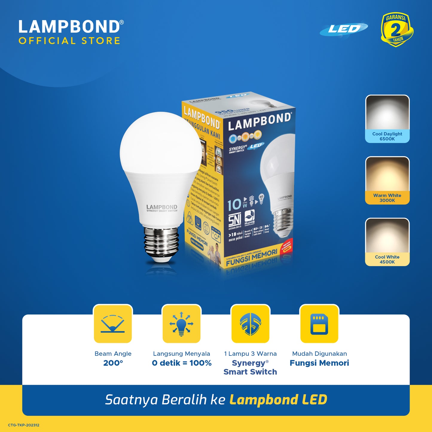 Lampbond® - Bohlam LED Synergy Smart Switch 10 Watt - 3 Pilihan warna