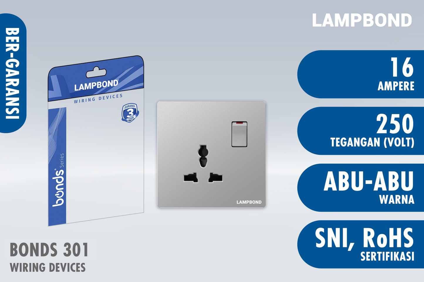 Lampbond® - Bonds - 301 - Stop Kontak Universal 3 Pin dengan Grounding (CP) dan Sakelar - GR