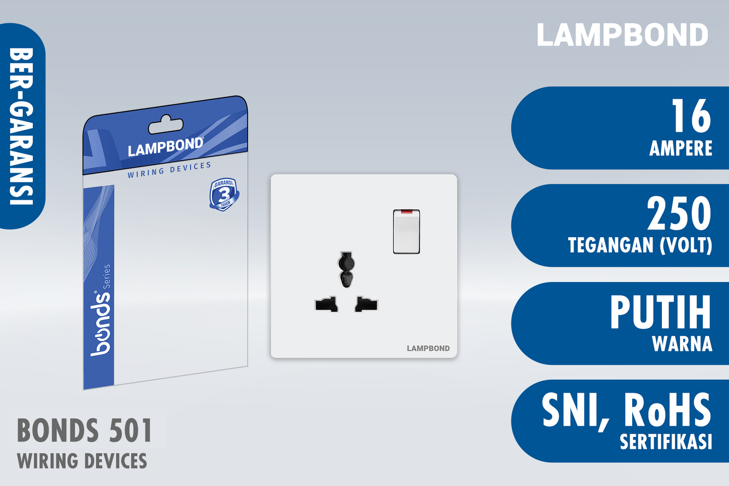 Lampbond® - Bonds - 501 - Stop Kontak Universal 3 Pin dengan Grounding (CP) dan Sakelar - WH