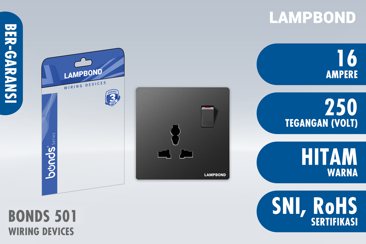 Lampbond® - Bonds - 501 - Stop Kontak Universal 3 Pin dengan Grounding (CP) dan Sakelar - BK