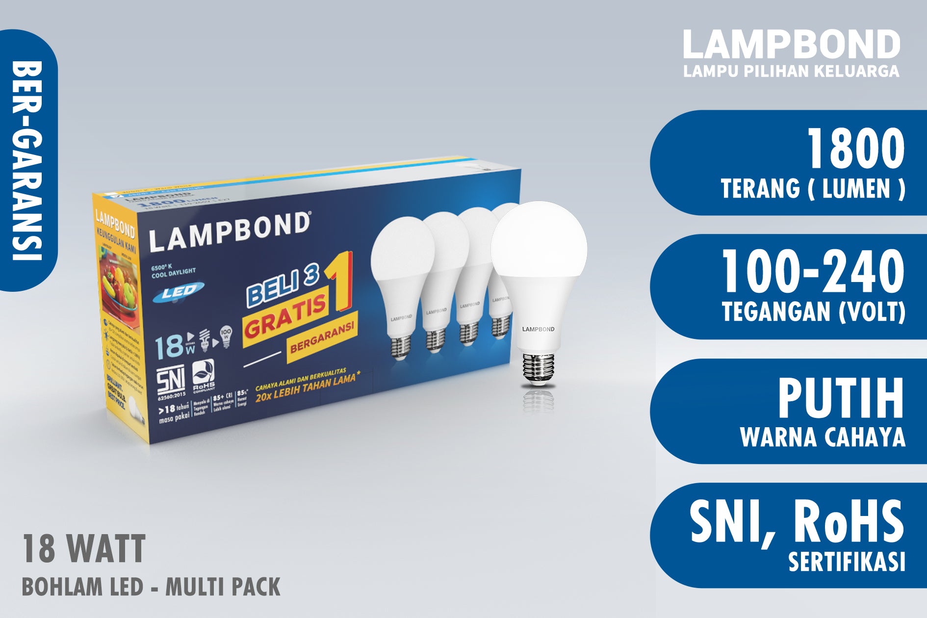 Lampbond® - Lampu LED Bohlam 18 Watt Multi-Pack (4pcs)- Cool Daylight