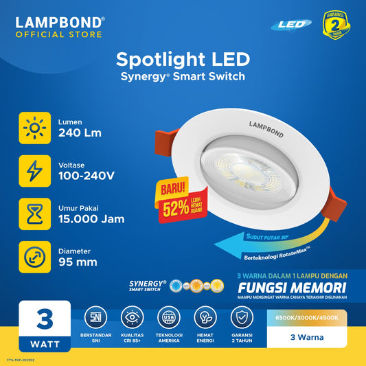 Lampbond® - Spotlight LED Synergy Smart Switch 3 Watt - 3 Pilihan Warna FM