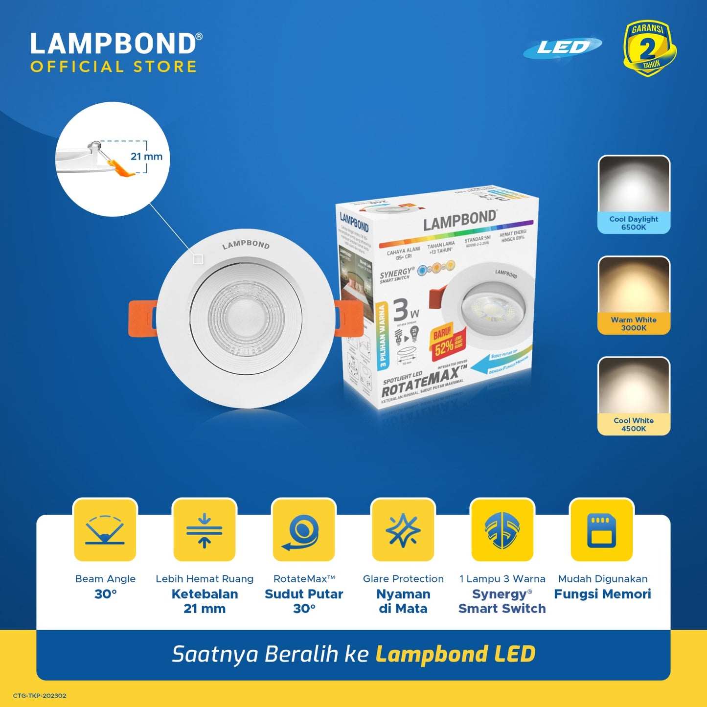 Lampbond® - Spotlight LED Synergy Smart Switch 3 Watt - 3 Pilihan Warna FM