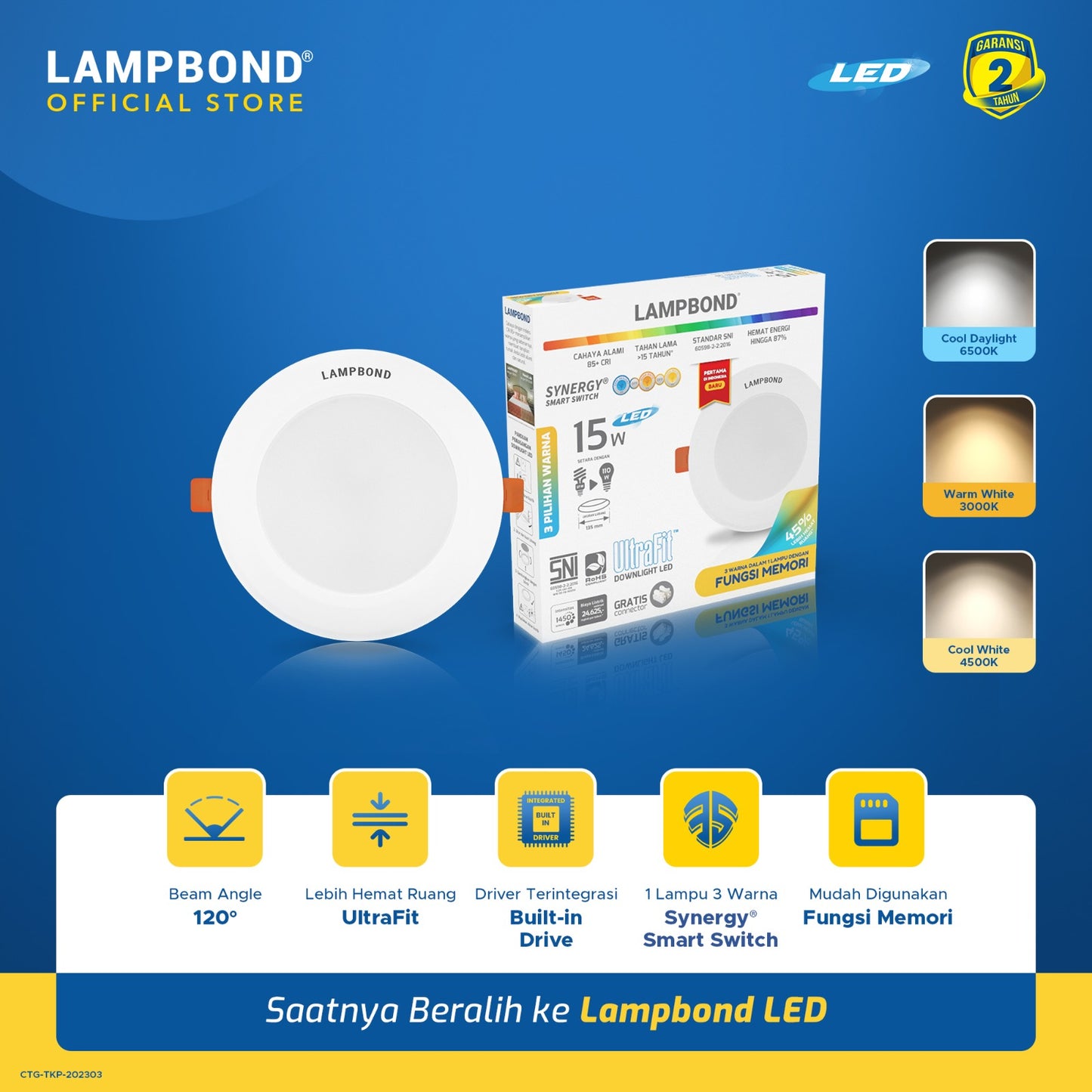 Lampbond® - Downlight LED Synergy Smart Switch 15 Watt - 3 Pilihan Warna FM
