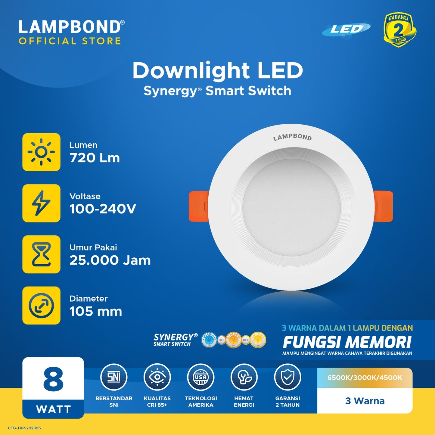 Lampbond® - Downlight LED Synergy Smart Switch 8 Watt -  3 Pilihan warna FM