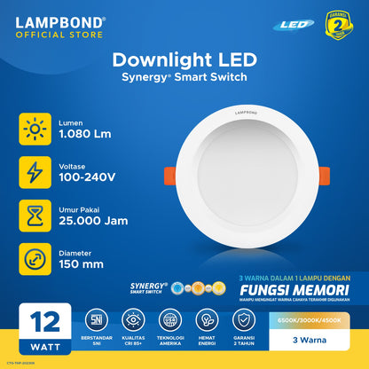Lampbond® - Downlight LED Synergy Smart Switch 12 Watt - 3 Pilihan Warna FM