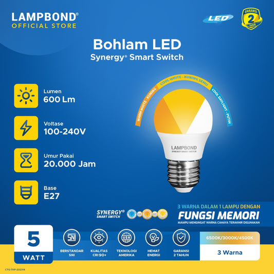 Lampbond® - Bohlam LED Synergy Smart Switch 5 Watt E27 - 3 Pilihan Warna FM