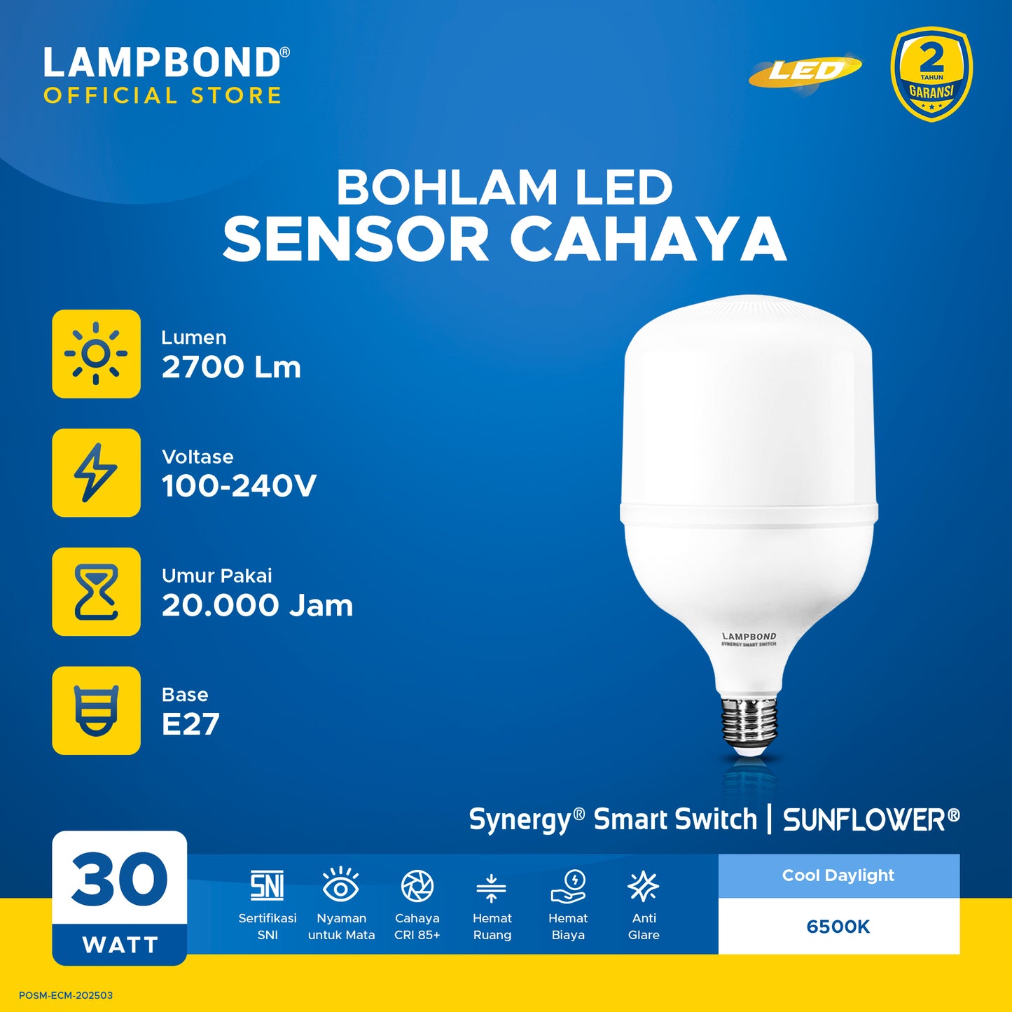 Lampbond® - Bohlam LED Palma 30 Watt Sensor Cahaya - Cool Daylight