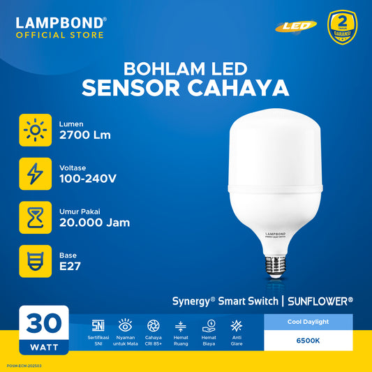 Lampbond® - Bohlam LED Palma 30 Watt Sensor Cahaya - Cool Daylight