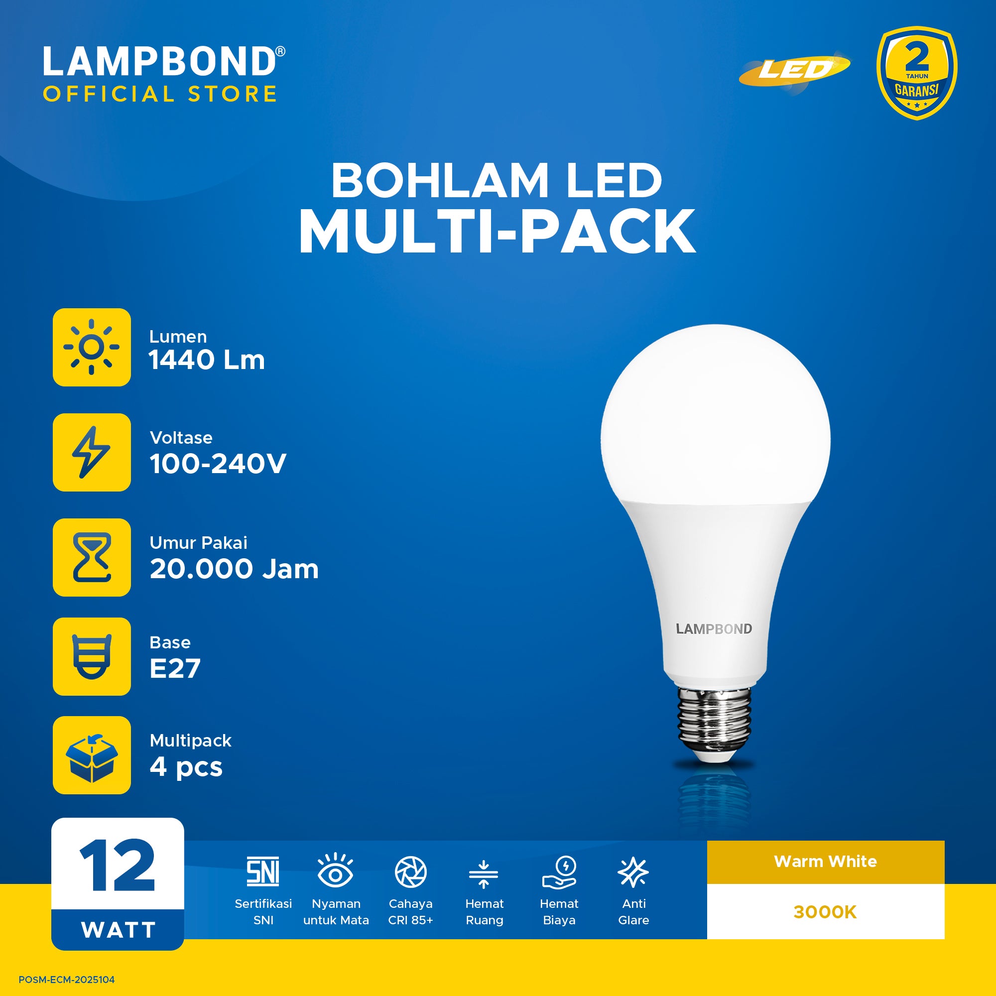 Lampbond® - Bohlam LED 12 Watt Multi-Pack (4pcs)- Warm White