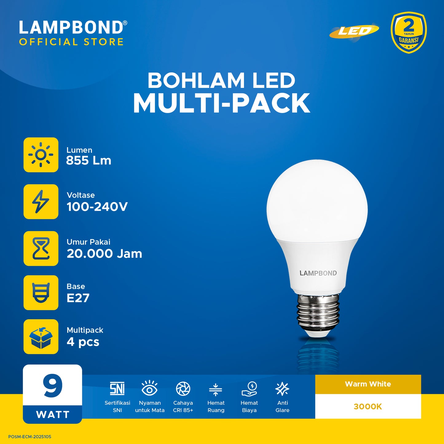 Lampbond® - Bohlam LED 9 Watt Multi-Pack (4pcs) - Warm White