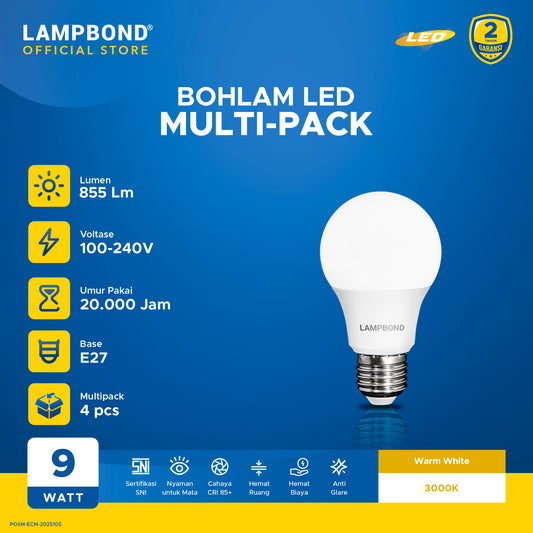 Lampbond® - Bohlam LED 9 Watt Multi-Pack (4pcs) - Warm White