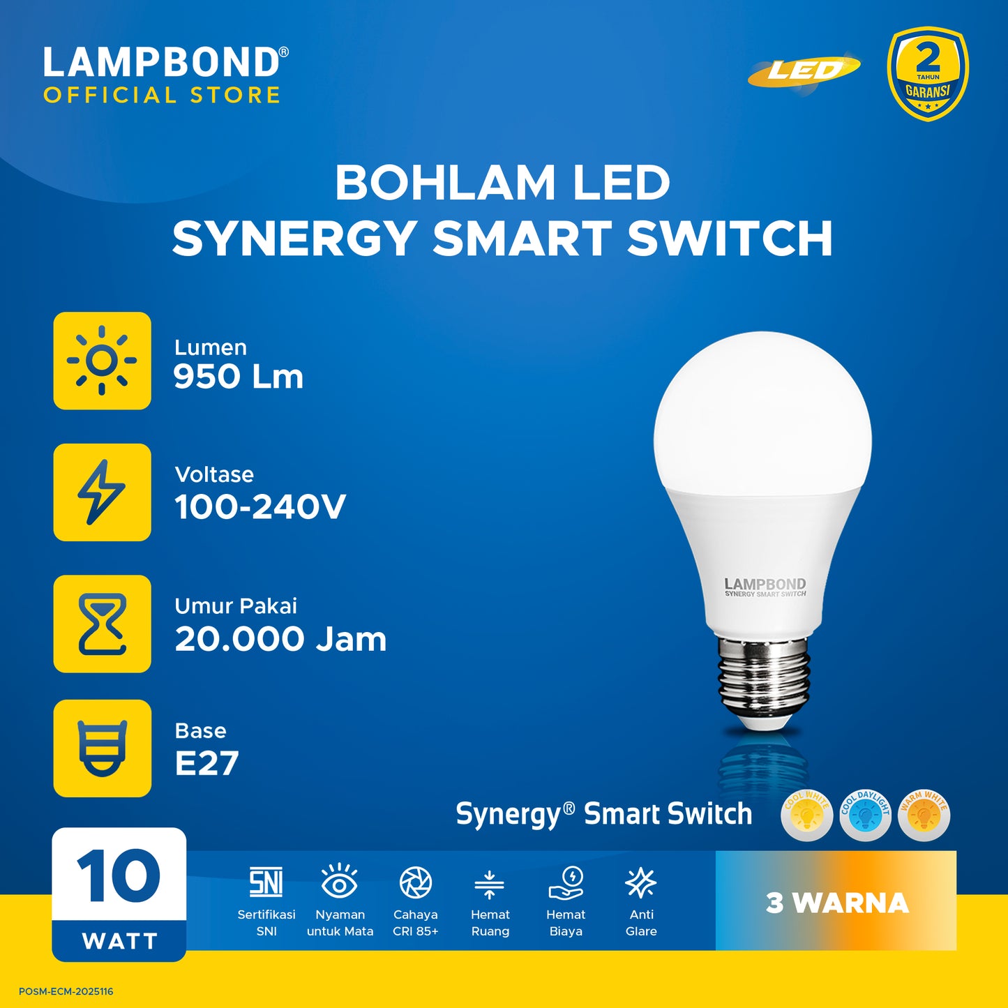 Lampbond® - Bohlam LED Synergy Smart Switch 10 Watt - 3 Pilihan Warna