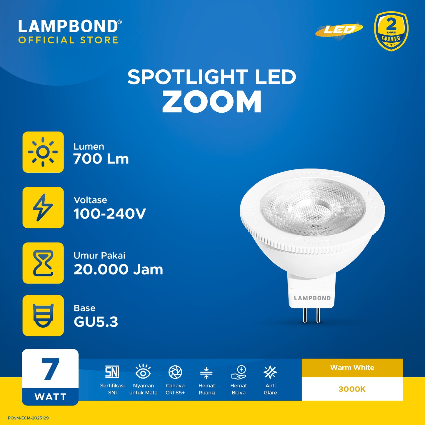 Lampbond® - Bohlam LED 7 Watt MR16 Zoom - Warm White