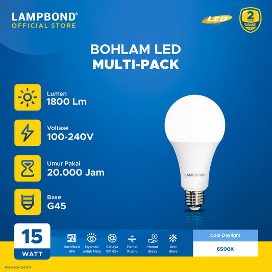 Lampbond® - Lampu LED Bohlam 15 Watt Multi-Pack (4pcs)- Cool Daylight