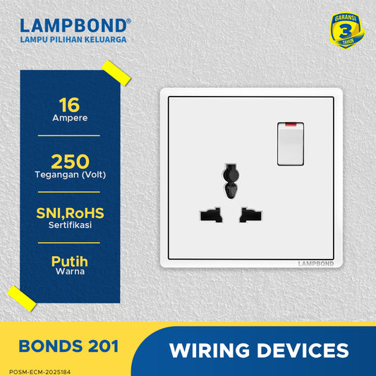 Lampbond® -  Bonds - 201 - Stop Kontak Universal 3 Pin dengan Grounding (CP) dan Sakelar