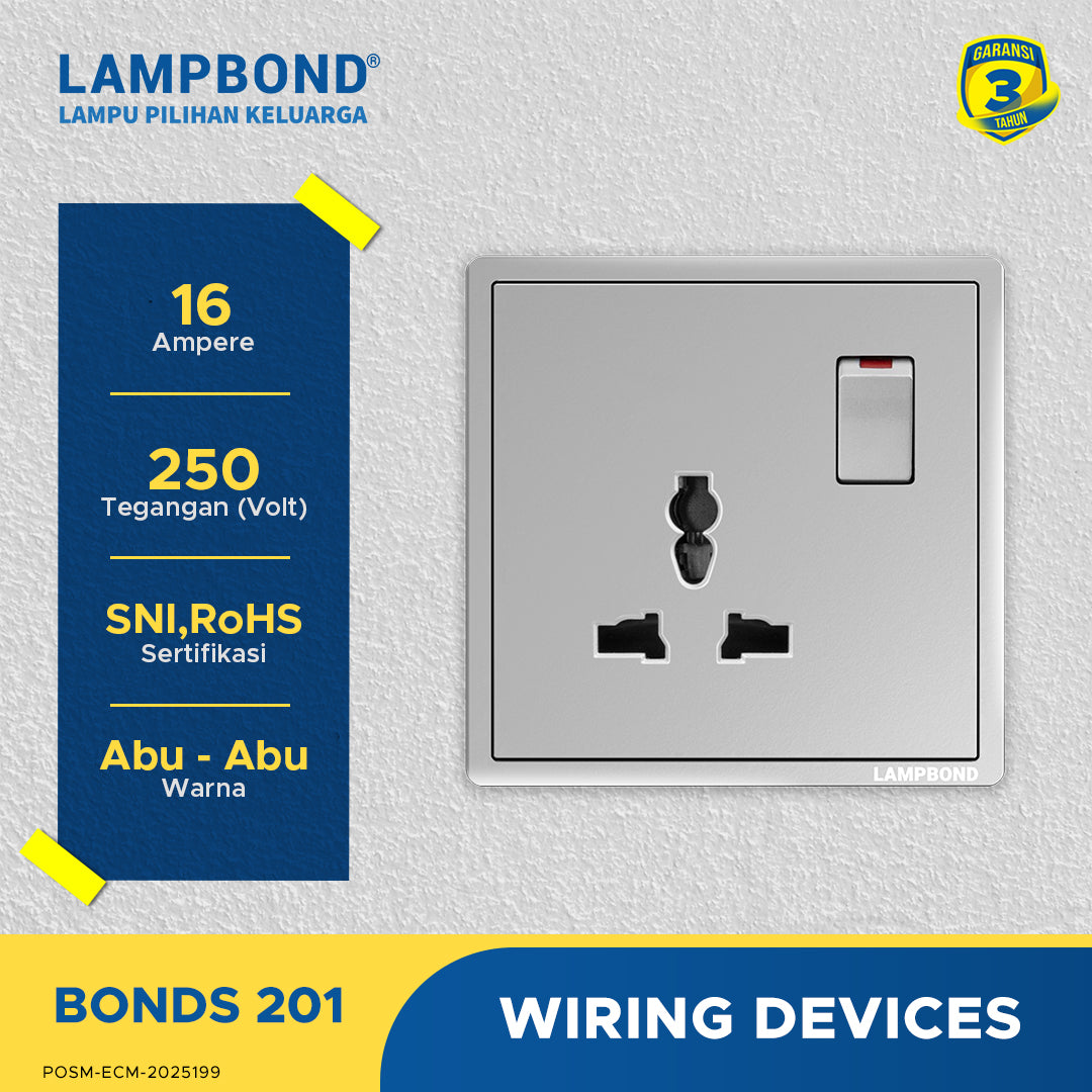Lampbond® -  Bonds - 201 - Stop Kontak Universal 3 Pin dengan Grounding (CP) dan Sakelarh - GR