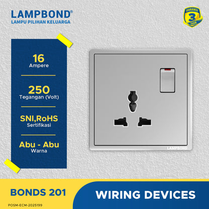 Lampbond® -  Bonds - 201 - Stop Kontak Universal 3 Pin dengan Grounding (CP) dan Sakelarh - GR