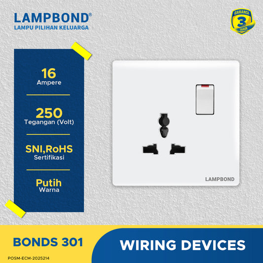 Lampbond® -  Bonds - 301 - Stop Kontak Universal 3 Pin dengan Grounding (CP) dan Sakelar - WH