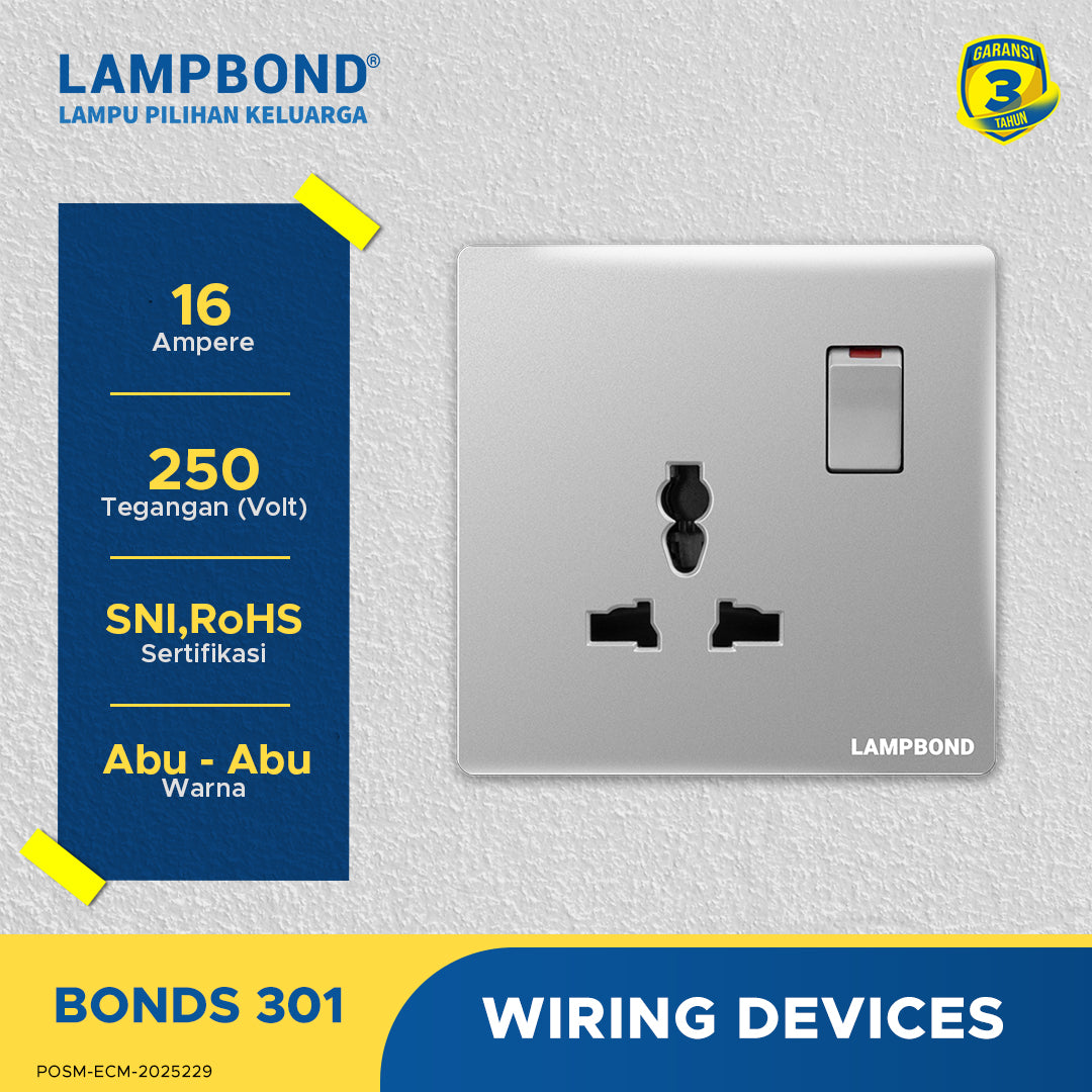 Lampbond® -  Bonds - 301 - Stop Kontak Universal 3 Pin dengan Grounding (CP) dan Sakelar - GR