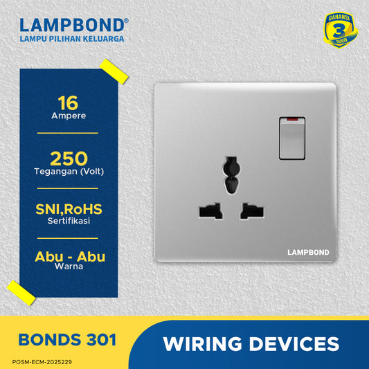 Lampbond® -  Bonds - 301 - Stop Kontak Universal 3 Pin dengan Grounding (CP) dan Sakelar - GR