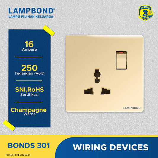Lampbond® -  Bonds - 301 - Stop Kontak Universal 3 Pin dengan Grounding (CP) dan Sakelar - CH