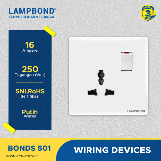 Lampbond® -  Bonds - 501 - Stop Kontak Universal 3 Pin dengan Grounding (CP) dan Sakelar - WH