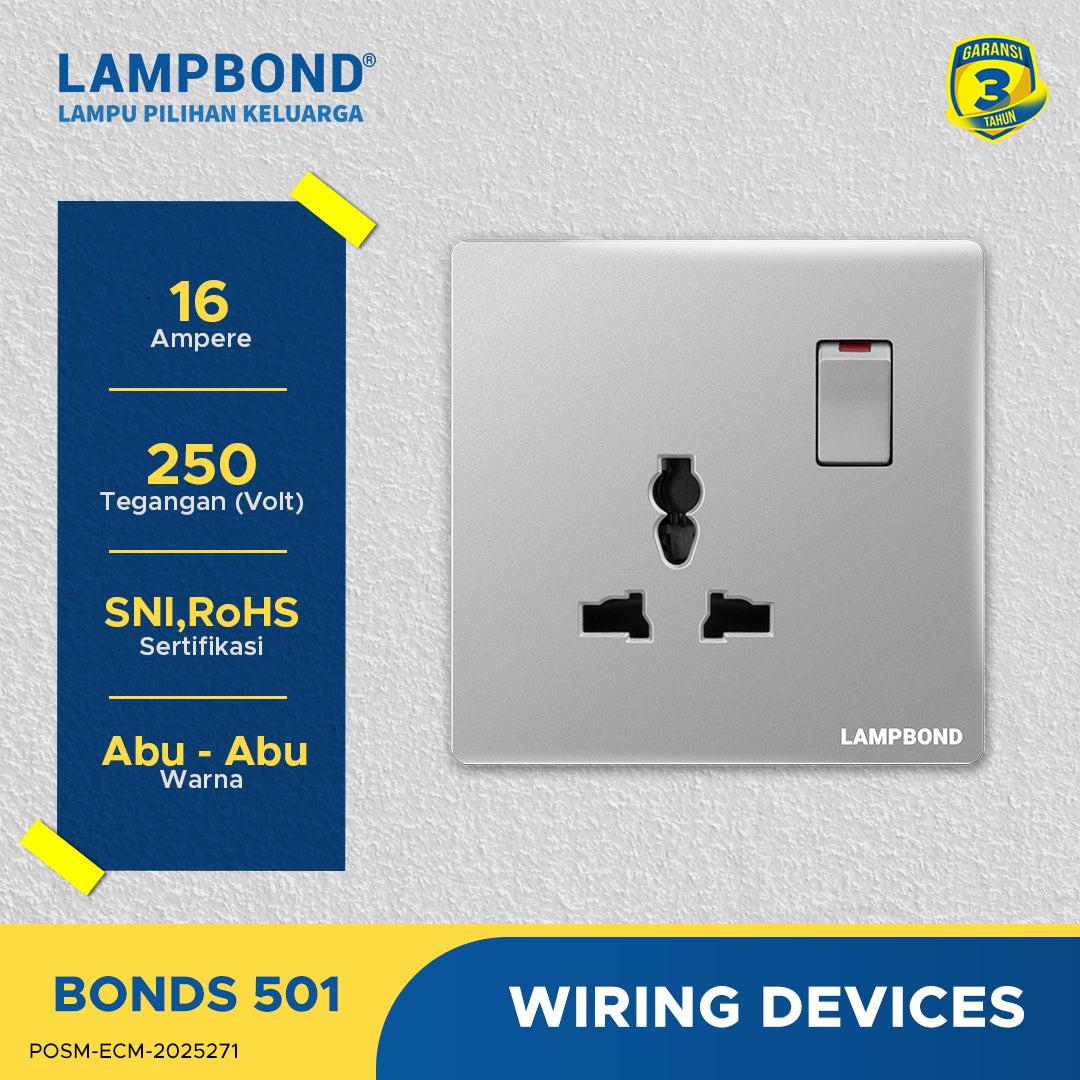 Lampbond® -  Bonds - 501 - Stop Kontak Universal 3 Pin dengan Grounding (CP) dan Sakelar - GR