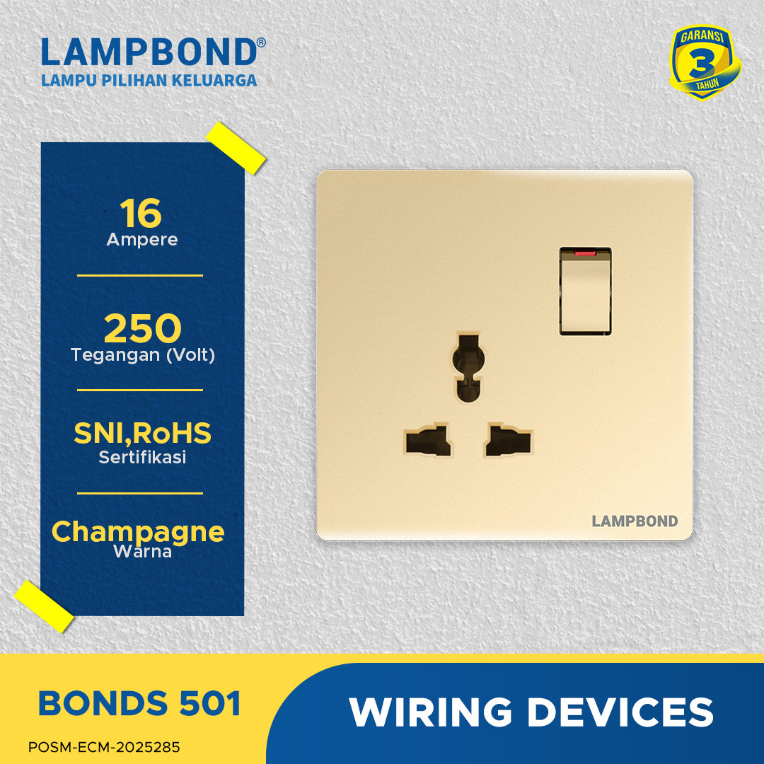 Lampbond® -  Bonds - 501 - Stop Kontak Universal 3 Pin dengan Grounding (CP) dan Sakelar - CH