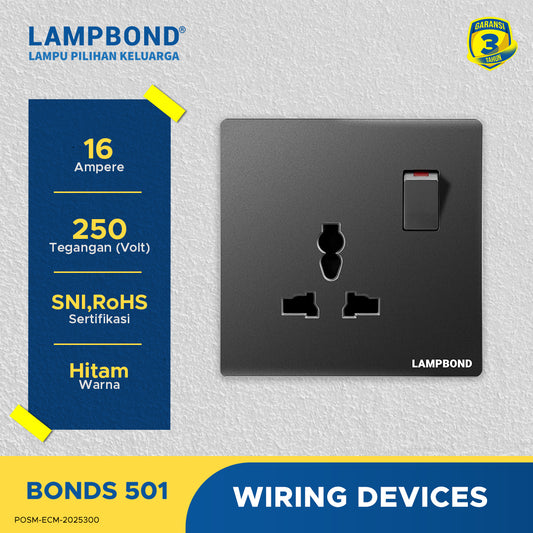 Lampbond® -  Bonds - 501 - Stop Kontak Universal 3 Pin dengan Grounding (CP) dan Sakelar - BK