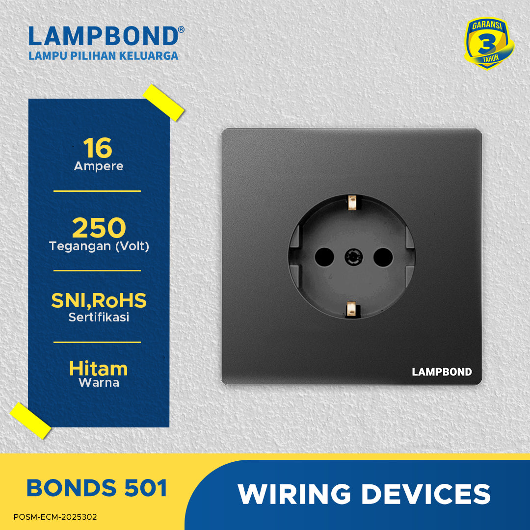 Lampbond® -  Bonds - 501 - Stop Kontak Schuko 2 Pin dengan Grounding (CP) - BK