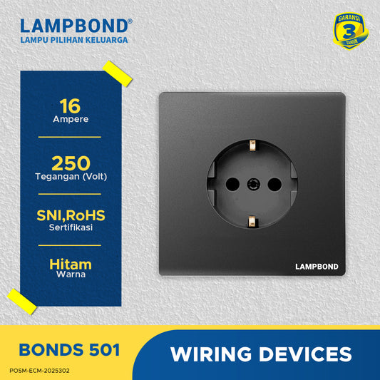 Lampbond® -  Bonds - 501 - Stop Kontak Schuko 2 Pin dengan Grounding (CP) - BK
