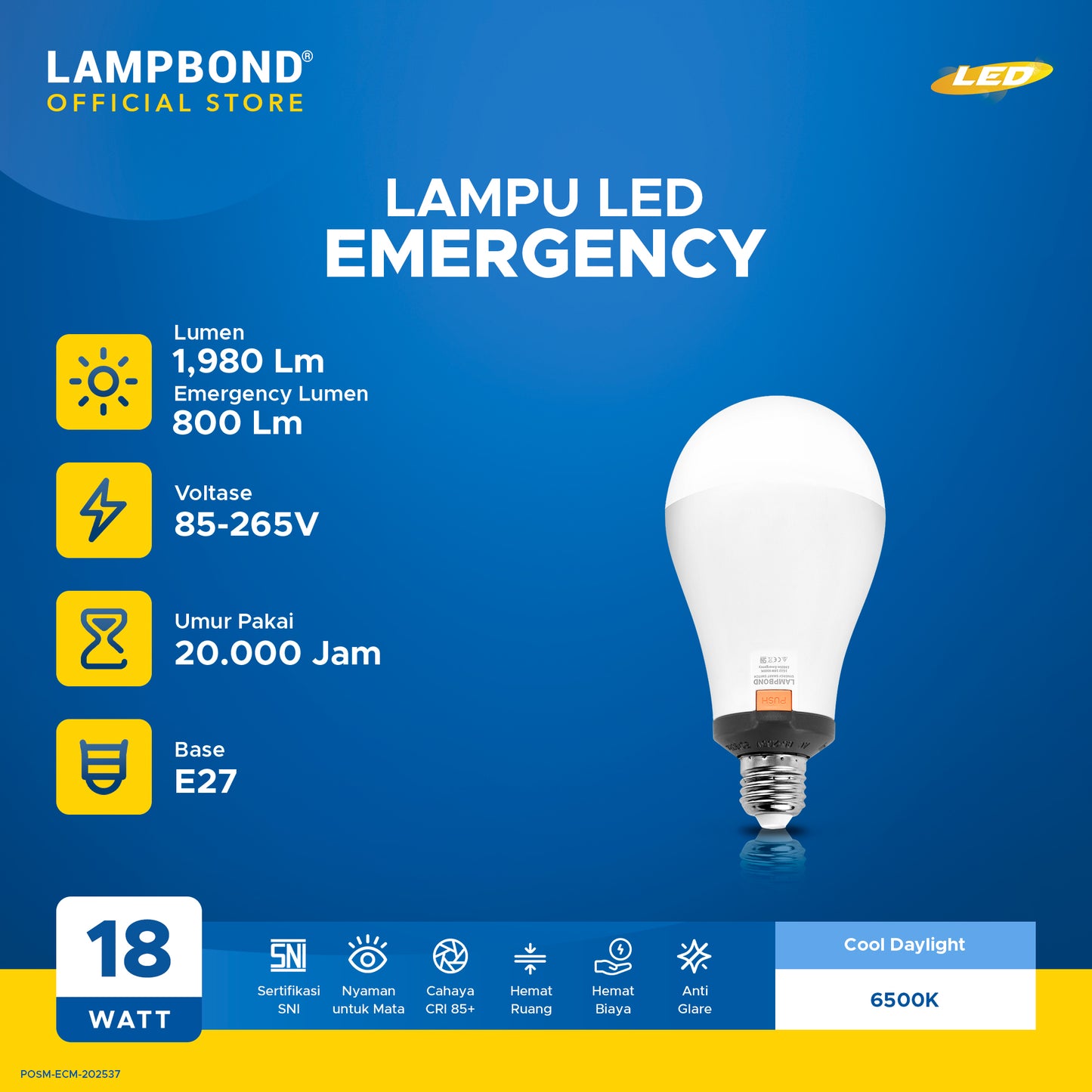 Lampbond® - Bohlam LED Emergency  Synergy Smart Switch 18 Watt - Cool Daylight
