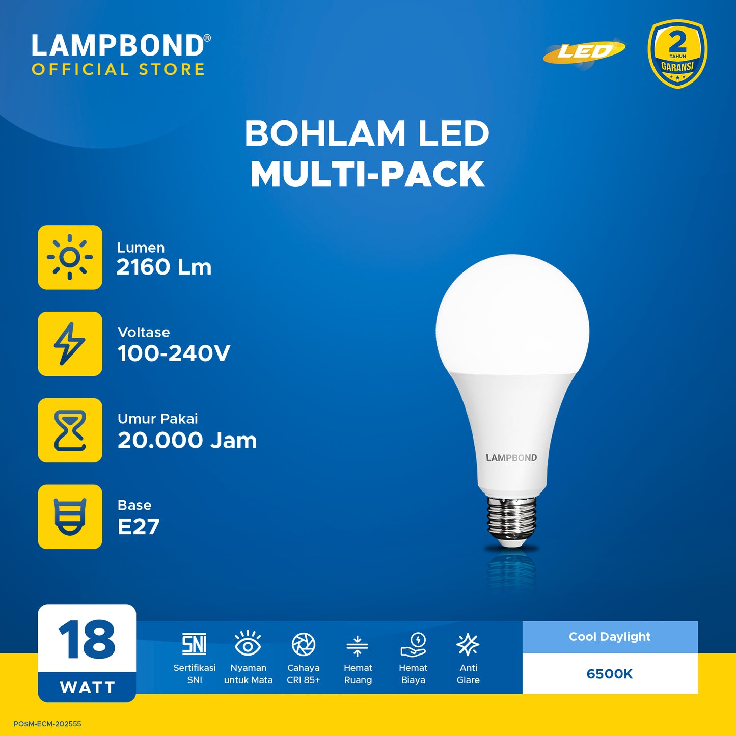 Lampbond® - Lampu LED Bohlam 18 Watt Multi-Pack (4pcs)- Cool Daylight
