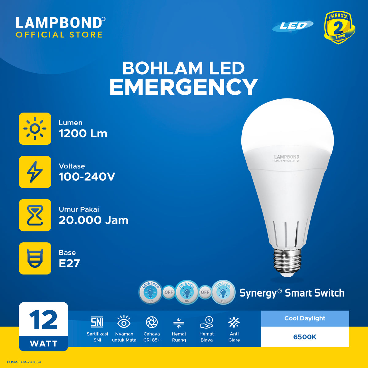 Lampbond® - Bohlam LED Emergency Synergy Smart Switch 12 Watt - Cool Daylight
