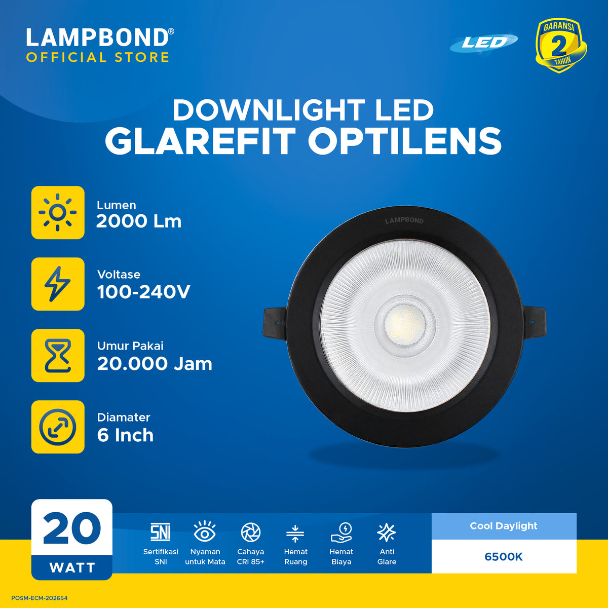 Lampbond® - Downlight LED Glarefit Optilens 20 Watt - Cool Daylight - BK