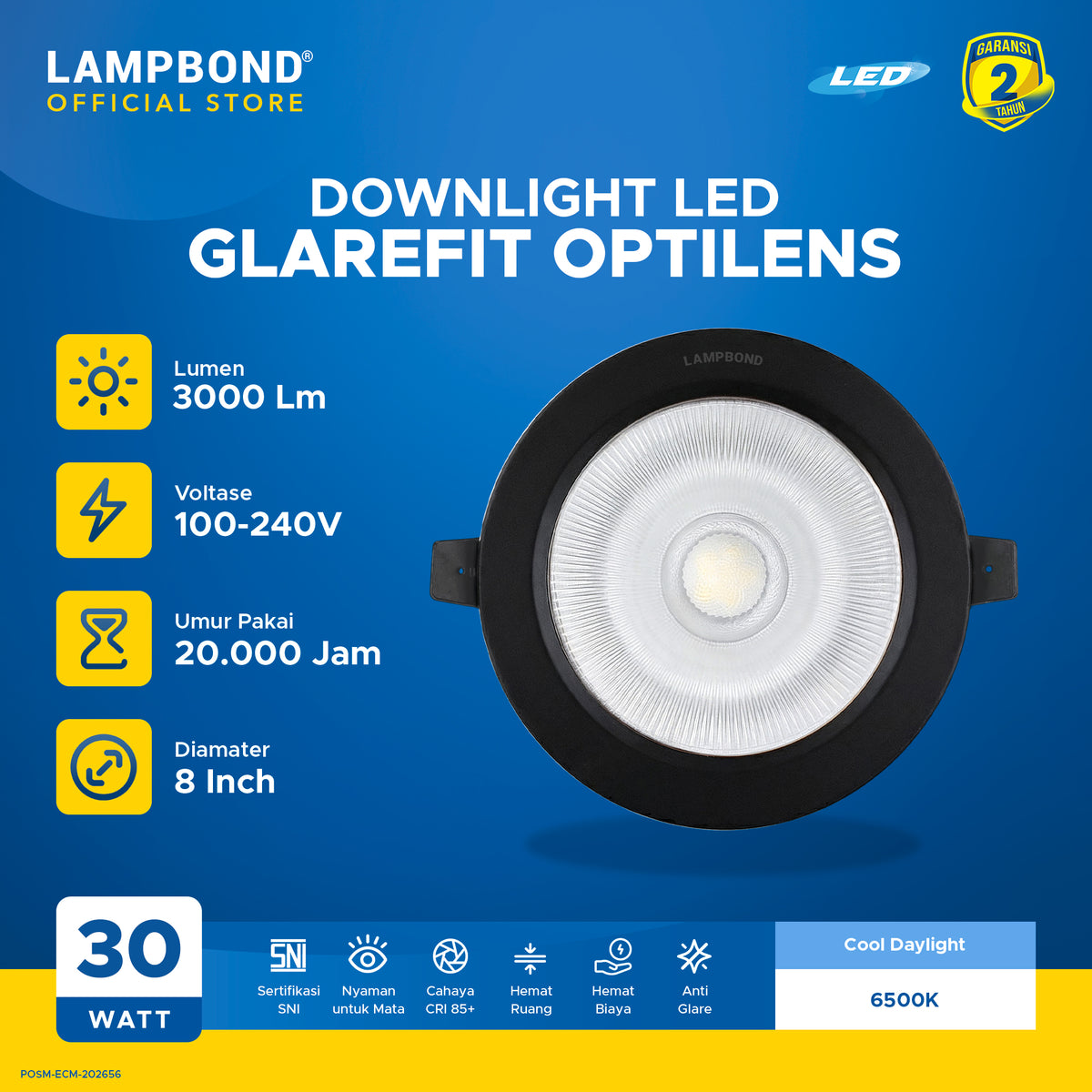 Lampbond® - Downlight LED Glarefit Optilens 30 Watt - Cool Daylight - BK