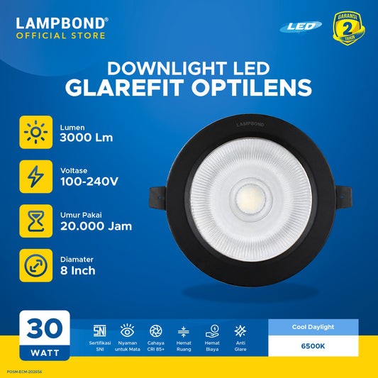 Lampbond® - Downlight LED Glarefit Optilens 30 Watt - Cool Daylight - BK