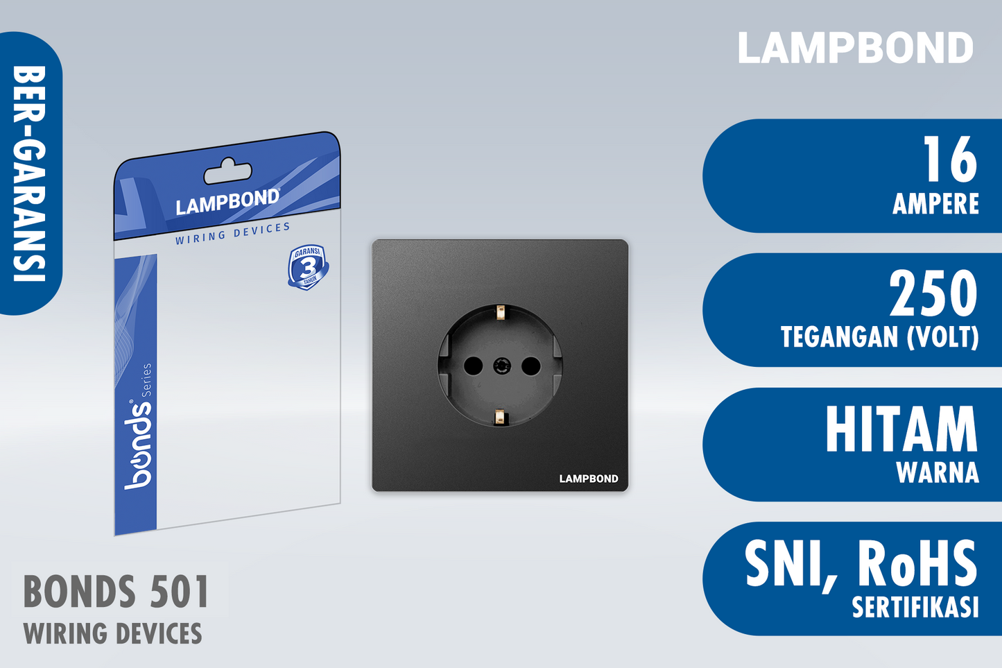 Lampbond® -  Bonds - 501 - Stop Kontak Schuko 2 Pin dengan Grounding (CP) - BK